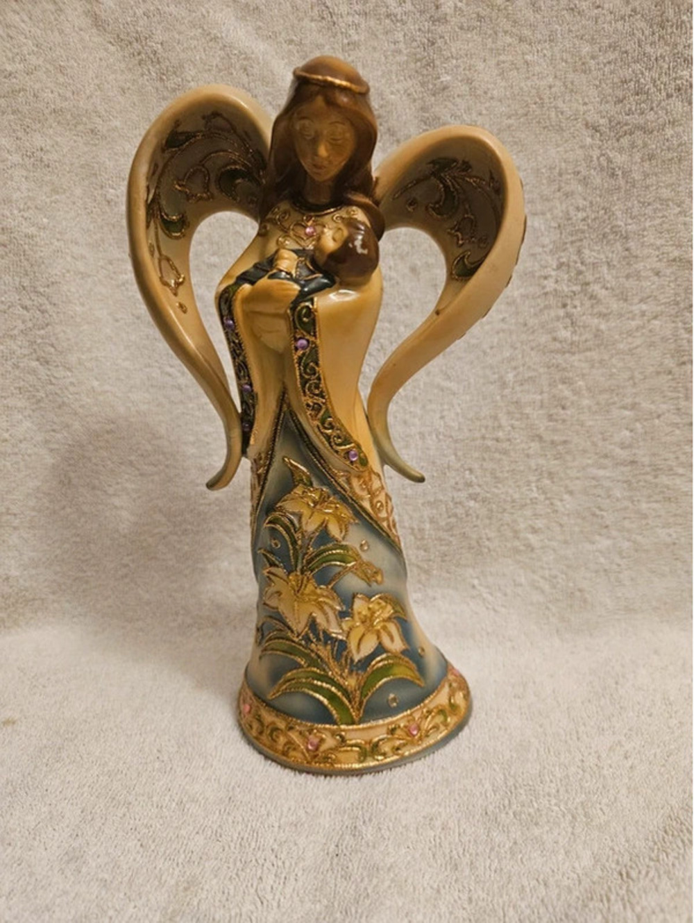 Roman Inc Angel Mother & Child Figurine 8.5" Gold Floral Jeweled Wings Baby